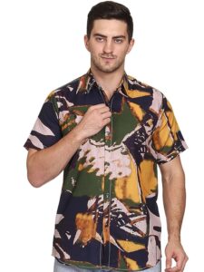 Men's Abstract Print Button Down Shirt, Half Sleeve, Casual Fit, Rayon Fabric, Summer Wear