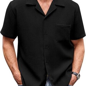 Men's Waffle Shirt Button Down Short Sleeve Shirt Loose Fit Cuban Beach Tops